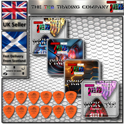 The TEB Plektrum Dose: Zinn + 12 Dunlop Tortex - orange 0,60 mm - Gitarren-Plektren - UK