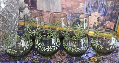 Libby Daisy Flower Avocado Green Mint Bouquet Glass Vintage Set of 7  MCM 1960's