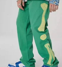 Kapital Retro Bone Embroidered Men Green Loose Jeans Pants