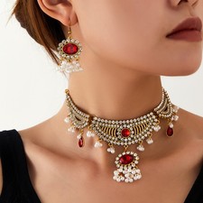 Womens Christmas Gift Retro Crystal Choker Necklace Earrings 2Pc Set Holiday