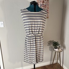LOFT Purple Beige Striped Cotton Knit Midi Dress Lrg Cap Sleeve Crewneck