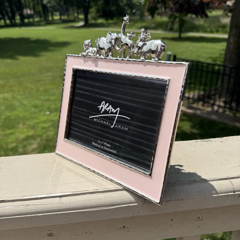 Michael Aram Frame Pink Enamel Metal Elephant Lion Zoo Animals Girl Nursery 5x7” - Image 3 of 4