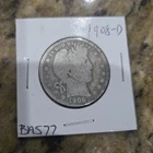 Barber Half Dollar 1908-D Denver Silver Circulated US Coin