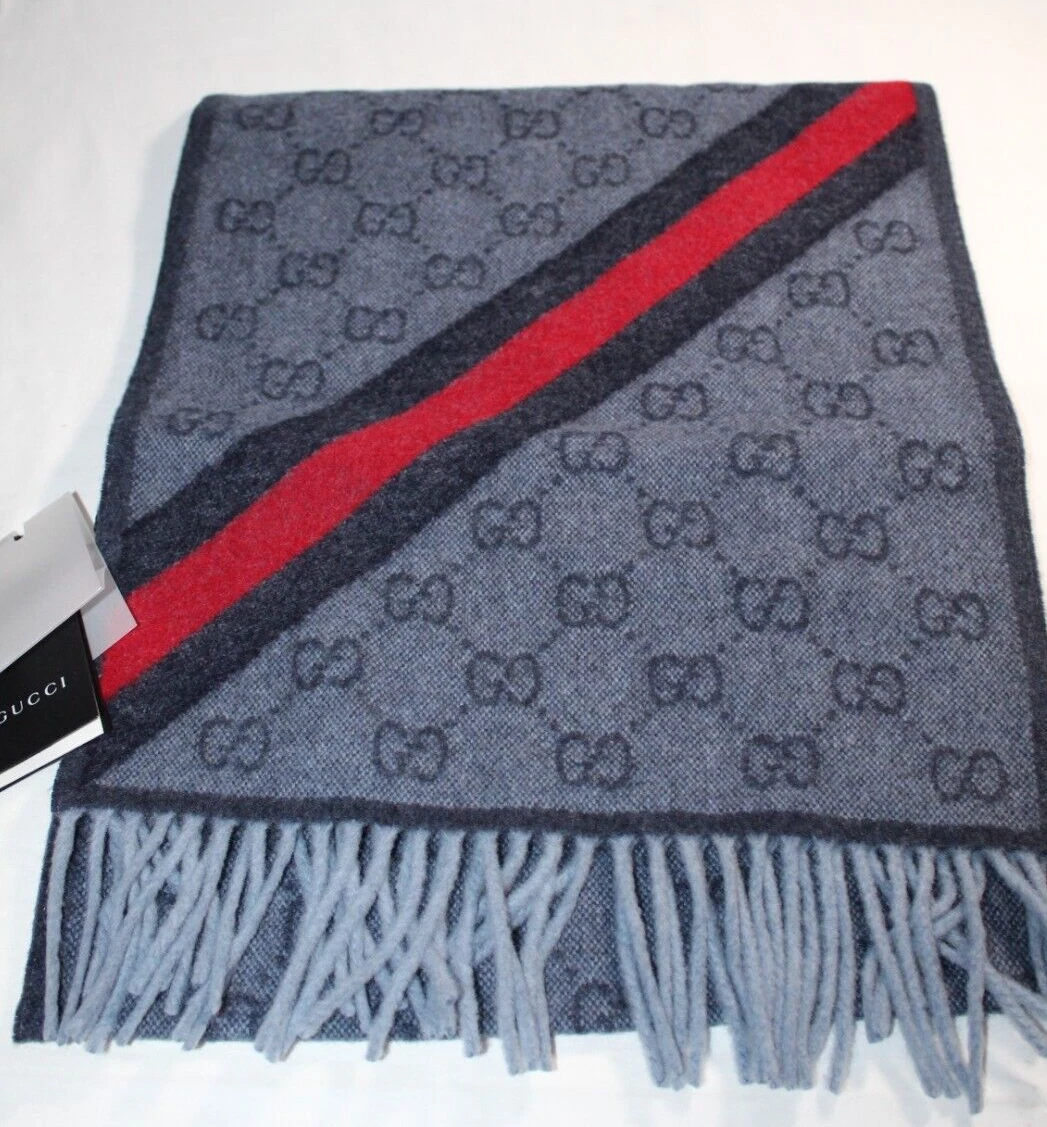 Echarpe neuve avec étiquette Gucci laine Nikky GG monogramme bande toile gland bleu unisexe 37 x 190
