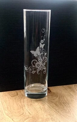 ALBA LASER PRODUCTS Vase Clear Glass Vase Engraved Flowers and Butterfly Cylindrical/Curved Styles
