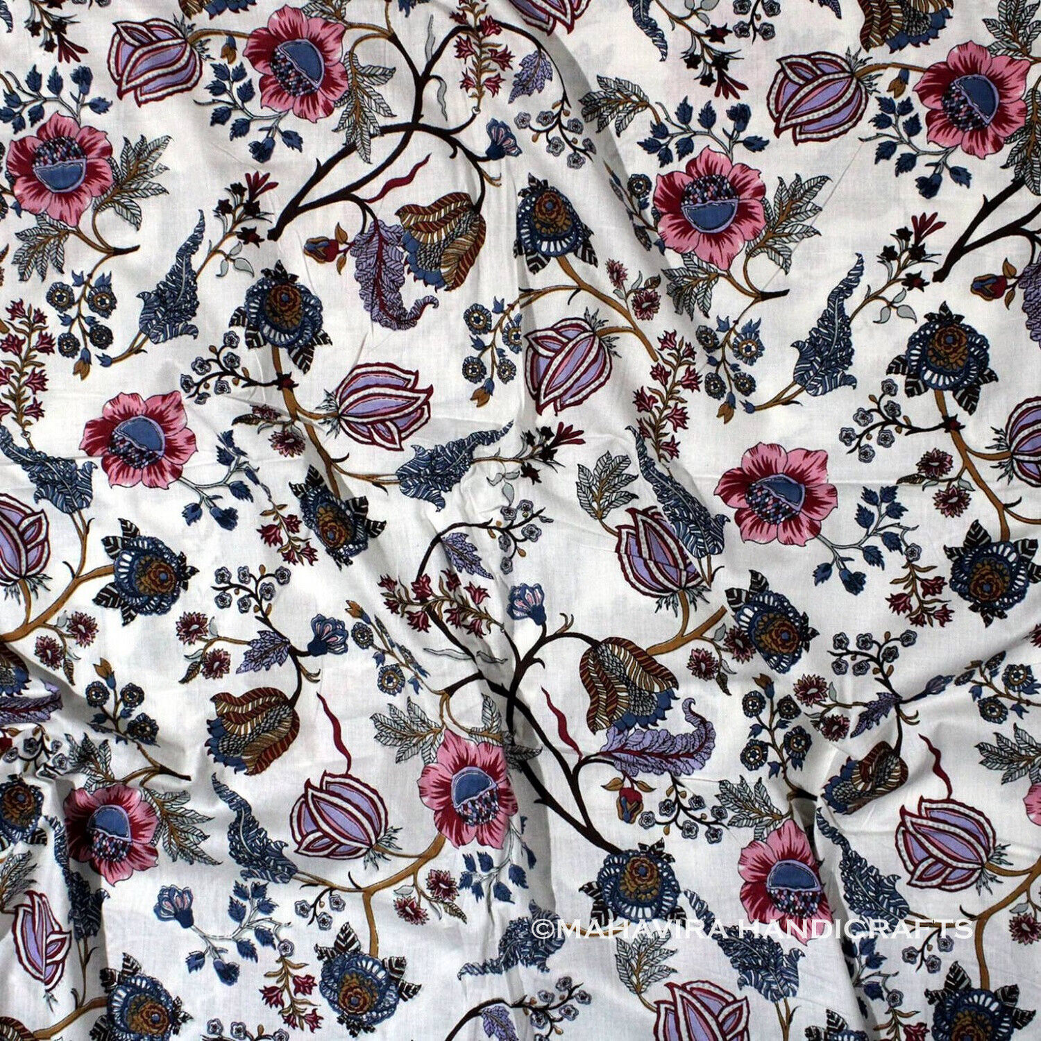 Hippie-style floral print 100% cotton white loose dress fabric by the yard