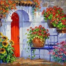 Courtyard Tile Backsplash Senkarik Ceramic Mural Flowers Floral Art MSA193