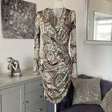 Taupe Pink Paisley V-Neck Wrap Long Sleeve Ruched Side Bodycon Mini Dress 10-12