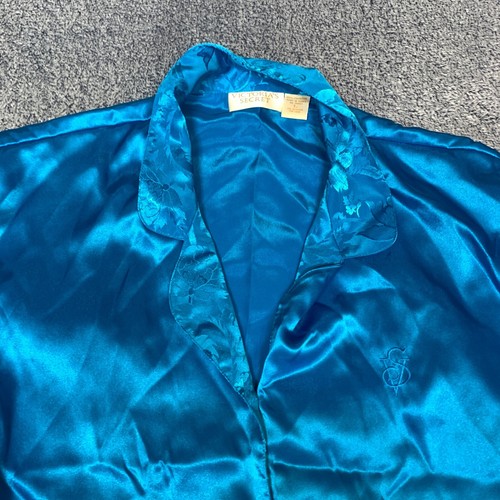 VTG Victorias Secret Gold Label Shirt Women Large Blue Satin Buttons Sleeper Y2K - Picture 4 of 10