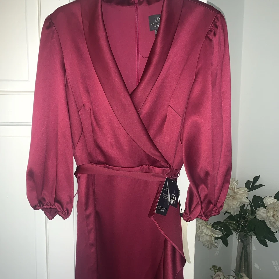 Vestido envolvente de seda satinado Adrianna Papell borgoña caoba para mujer talla 12 Foto 2 de 4