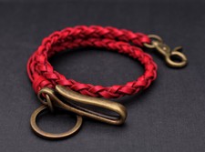 20" RED Full Grain Leather Braided Trucker Biker Jean Wallet Chain With U HOOK