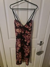 Black and purple floral rose strappy bodycon sexy fitted dress small Medium 8-10