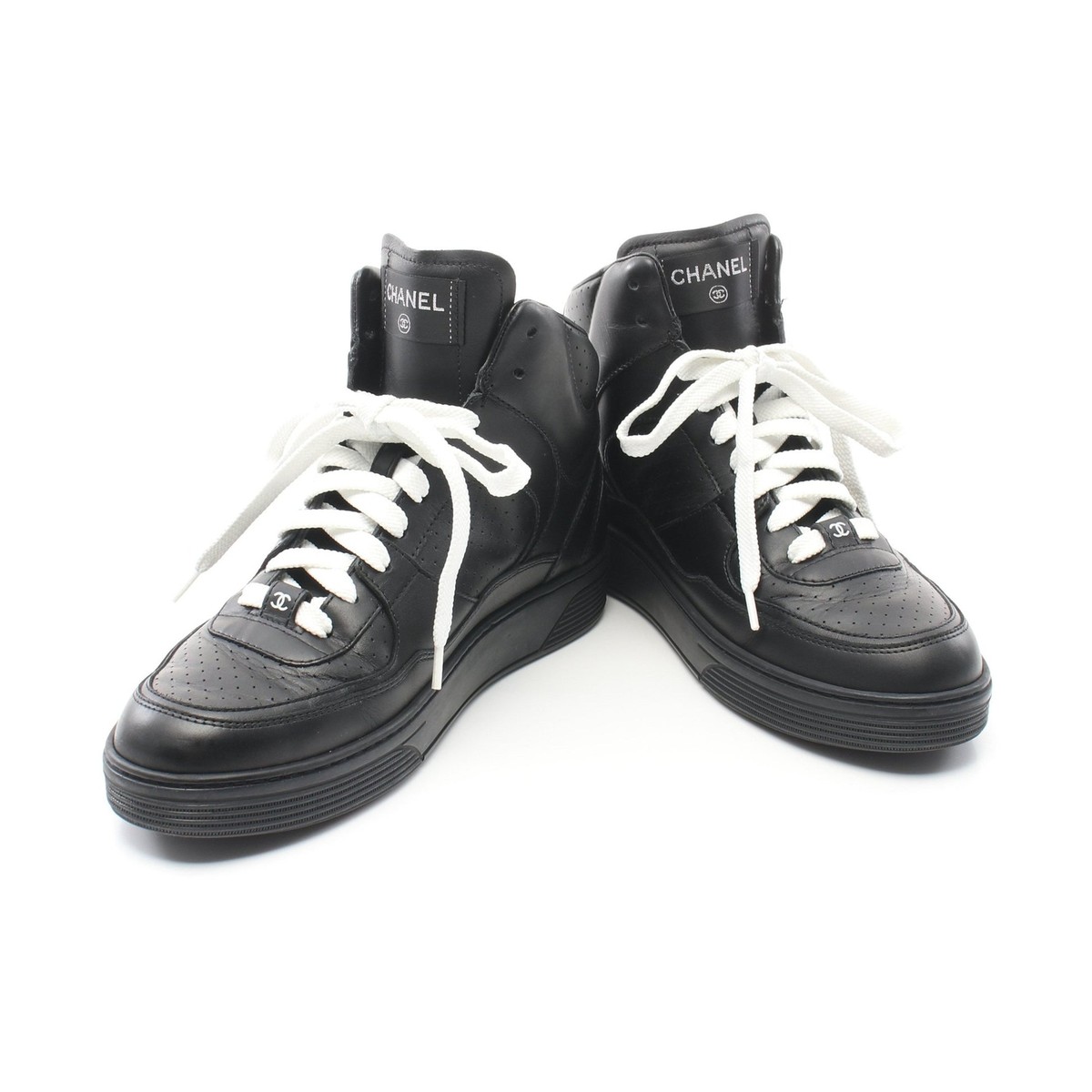 靴 CHANEL Coco Mark Leather Nylon Sneakers Shoes】CHANEL Coco Mark High Cut Sneakers Leather Black Good