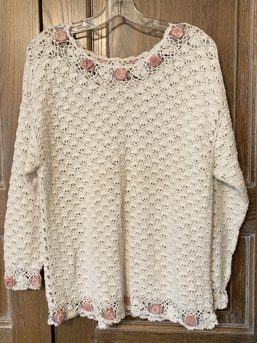 Vintage 60 s 70s Fan Stitch Rose Trimmed CROCHET KNIT Sweater Med
