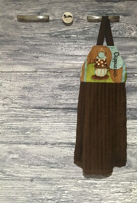 Hanging Kitchen Towel Stacked Coffee Mugs & Saucers Aqua Brown Cappucino