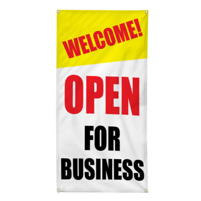 Vertical Vinyl Banner Multiple Sizes Welcome! Open for Business Yellow Business