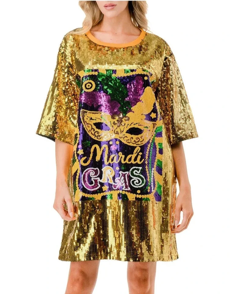 Women's Gold Mardi Gras Sequin Dress - Image 2 of 4
