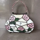 Vintage Tiffany Style Stained Glass Purse Lamp Pink Rose Floral Accent Light