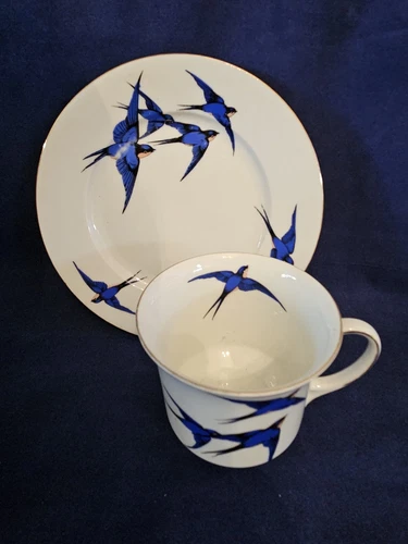 Blue Bird China 2 tazas de té, platillo, 2 platos laterales Checoslovaquia dorado años 30 - Imagen 11 de 14