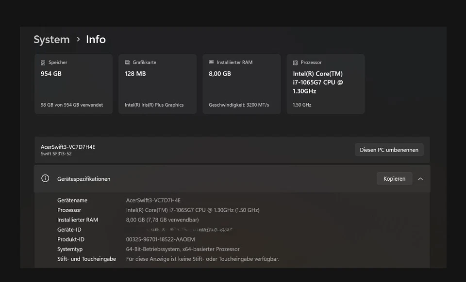 1A Acer Swift 3, SF313-52, 13,5", IntelCore i7-1065, 8GB RAM, 1000GB, Akku Neu - Bild 2 von 4