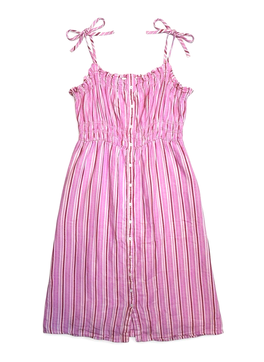 SO Goods for Life Pink Linen Blend Midi Dress XXL Smocked Tie Shoulder Stripe