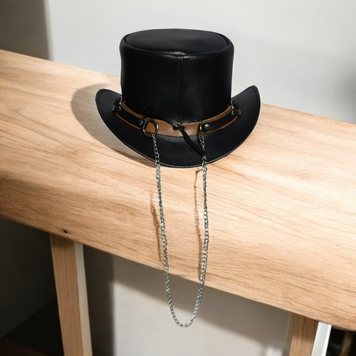 Men’s Handmade Black Leather Top Hat with Chain Steampunk Cowboy Hat - Picture 2 of 4