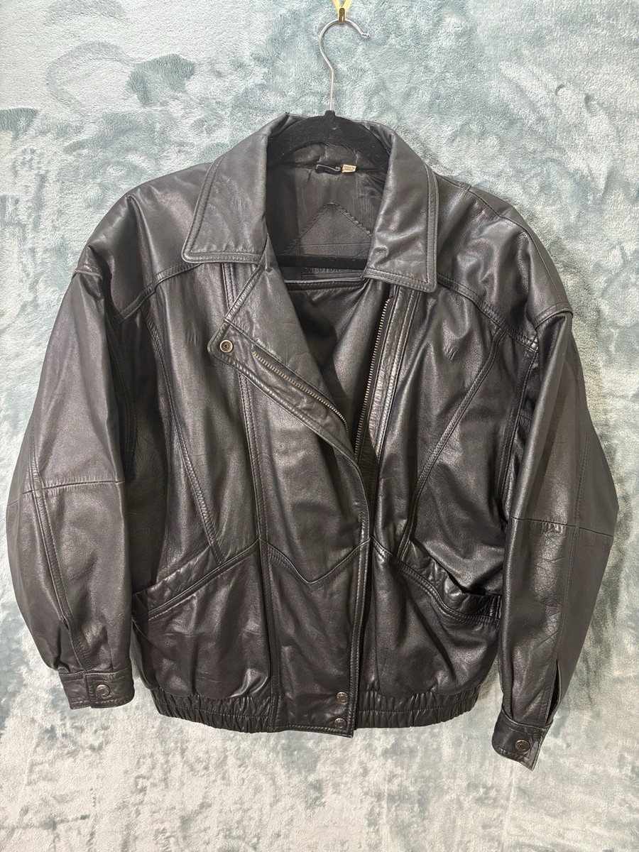 Preston & York Women Sz Med Black Leather Jacket Biker Small Tear