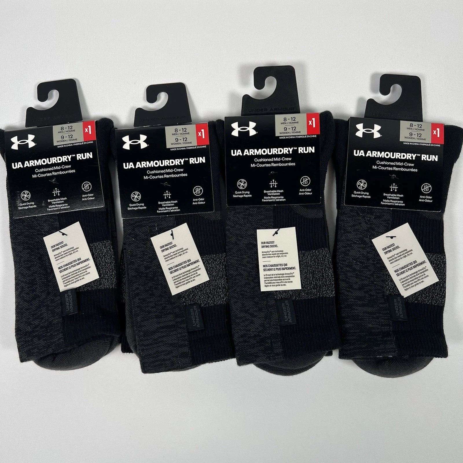 Under Armour UA Armourdry Run Mid Crew Socks in Black/Gray Men 8-12 Large 4 Pair