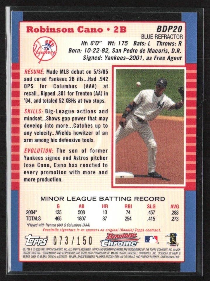 Robinson Cano 2005 Bowman cromo refractor azul/150 #BDP20 New York Yankees Foto 2 de 2