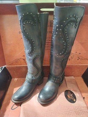 Freebird Women's Black Studded Buckle Zip Knee High Leather Riding Boots