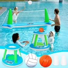 Inflatable Volleyball Net & Basketball Hoops Pool Float Set; Balls Included for 