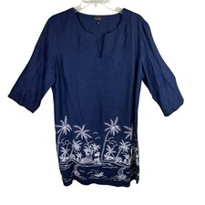 Talbots Linen Shift Dress Large Navy White Embroidered Beaded Beach Coastal