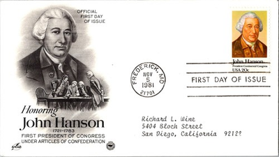 #ad Vintage FDC USPS Scott #1941 John Hanson Congress President c1981 Artcraft $2.18