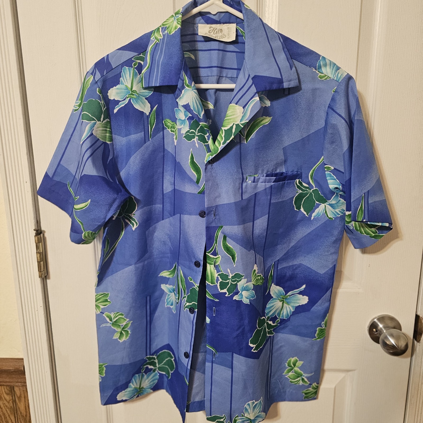 Hilo Hattie Mens 70s Hawaiian Vtg Blue Floral Pocket Shirt Made In USA Sz Medium