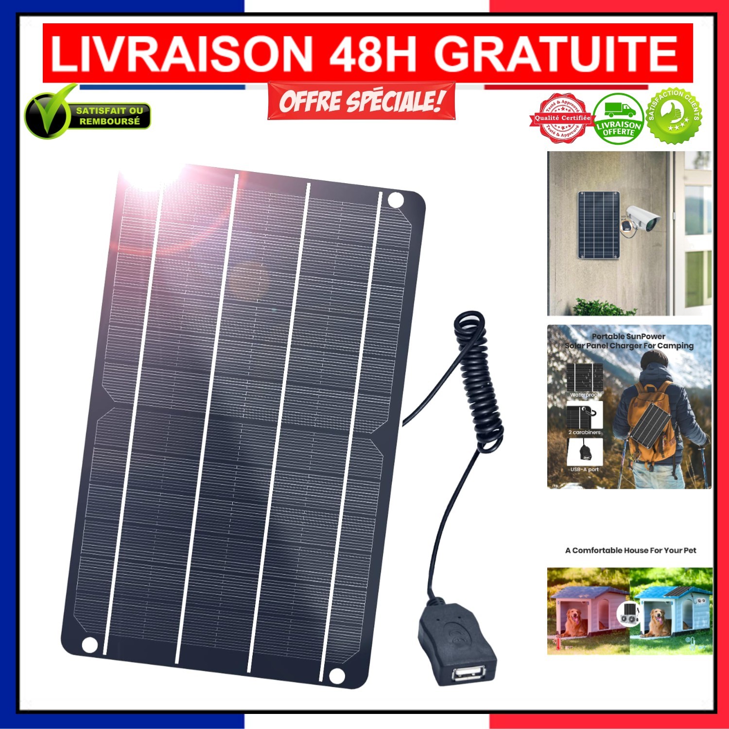 Chargeur solaire USB 6W monocristallin portable et mini panneau extérieur