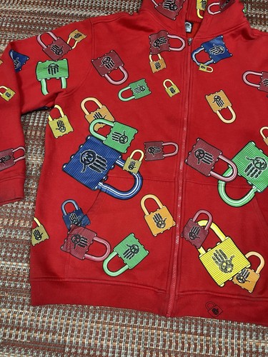 Vintage Y2K Miskeen Lock Full Zip Hoodie All Over Print Size 2XL Red - Picture 3 of 14