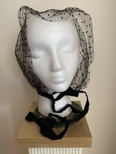 Vintage Ladies Black Lace Bonnet with Ribbon Ties