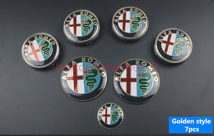 7 Set Alfa Romeo Gold Wheel Center Caps Hood Rear Steering Wheel Emblems Badges