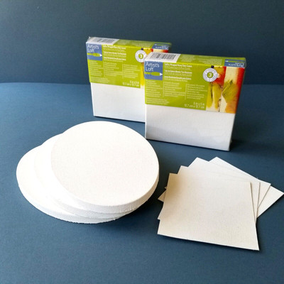 Lot Primed Cotton Wrapped Artist Canvases (2 Square, 3 Oval) & 4 Canvas Stickers