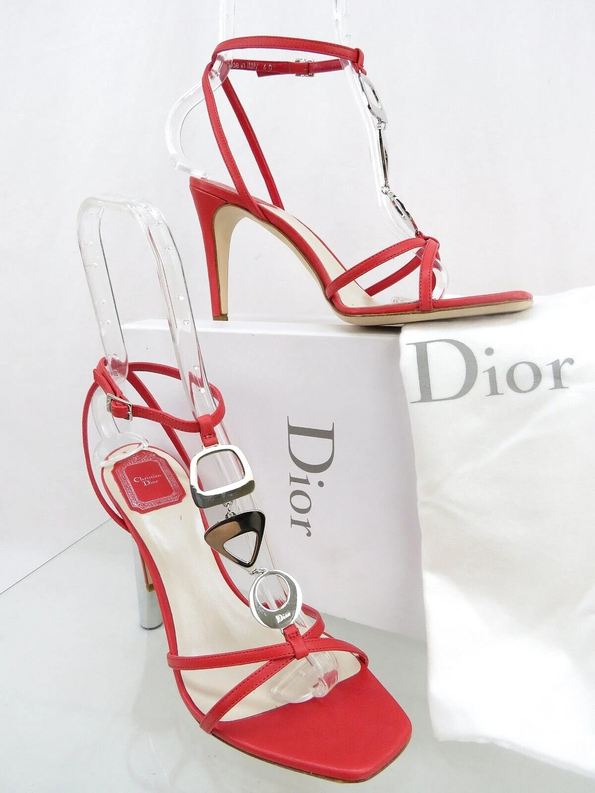 SANDALES EN CUIR JACINTHE ROUGE DIOR CHARMES CHAÎNE SANGLE DE CHEVILLE ESCARPINS 40