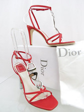 NIB DIOR RED LEATHER T CHARMS CHAIN ANKLE STRAP SANDALS PUMPS 40 ITALY