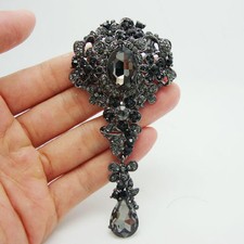 Retro Black Rhinestone Crystal Flower Bouquet Drop Pendant Brooch Pin