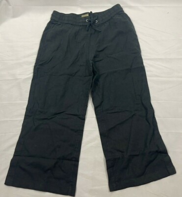 Denim & Co.Women Black Petite Linen Blend Ankle Pants with Side Slits Size Small