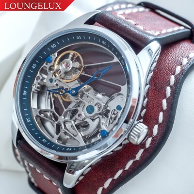 Mens Automatic Mechanical Silver Watch Detachable Red Leather Cuff Strap