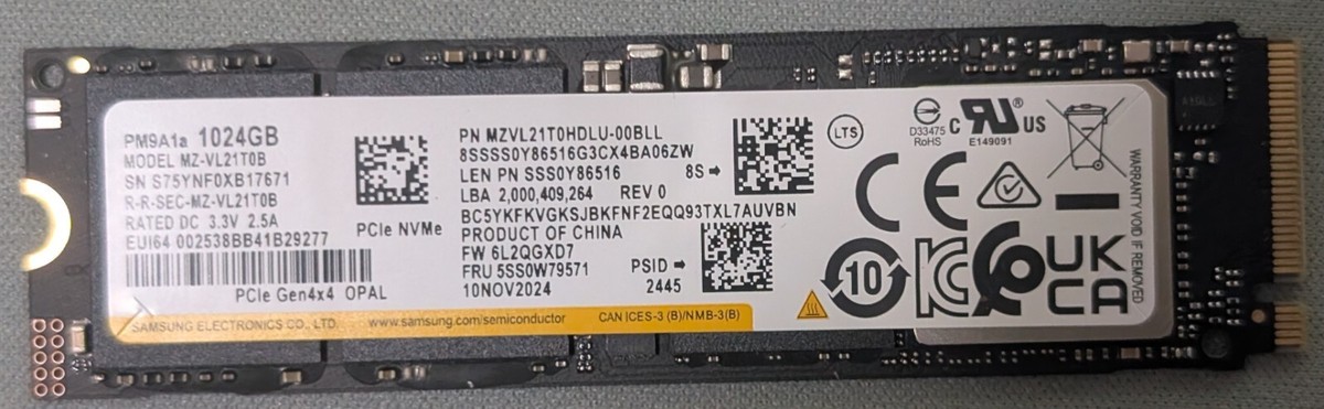 Samsung 1 TB PM9A1 Gen4x4 NVMe M.2 PCIe 2280 SSD 7500MB/s