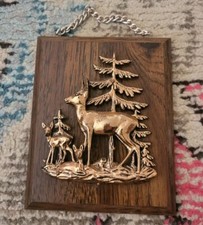 Deer fawn family MCM wood cottagecore farmhouse vintage plaque picture 3D kitsch