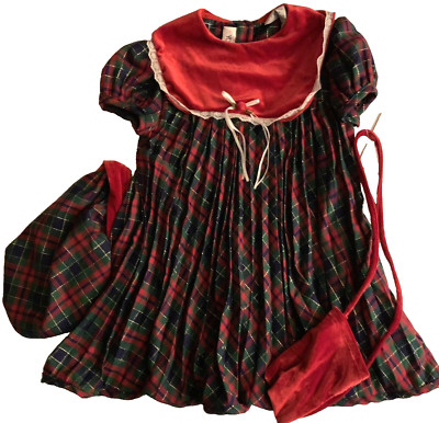 Youngland holiday plaid dress hat Bag Velvet lace bow pleated 4T Christmas