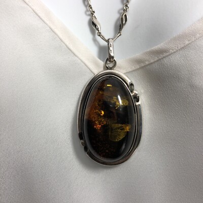 Silver Necklace Brown Pendant Noteworthy Amber Resin Silver 925 Chain