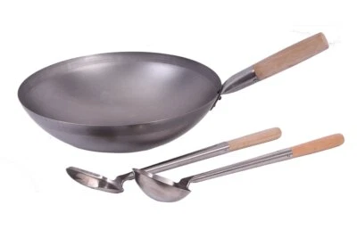 Wok Pfanne Set 40cm Ø runder Boden + Kelle + Spatel Gas Induktionsmulde Carbon S - Bild 1 von 4