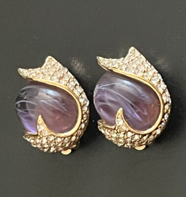 CINER Amethyst Purple Art Glass Cabochon Rhinestone Clip Earrings